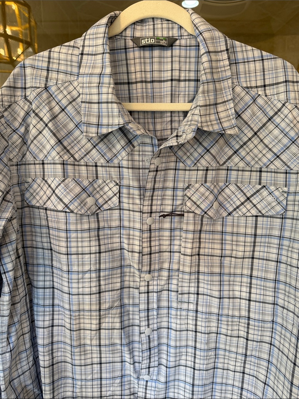 Stio Men’s Light Blue and White Plaid Button-Down Shirt